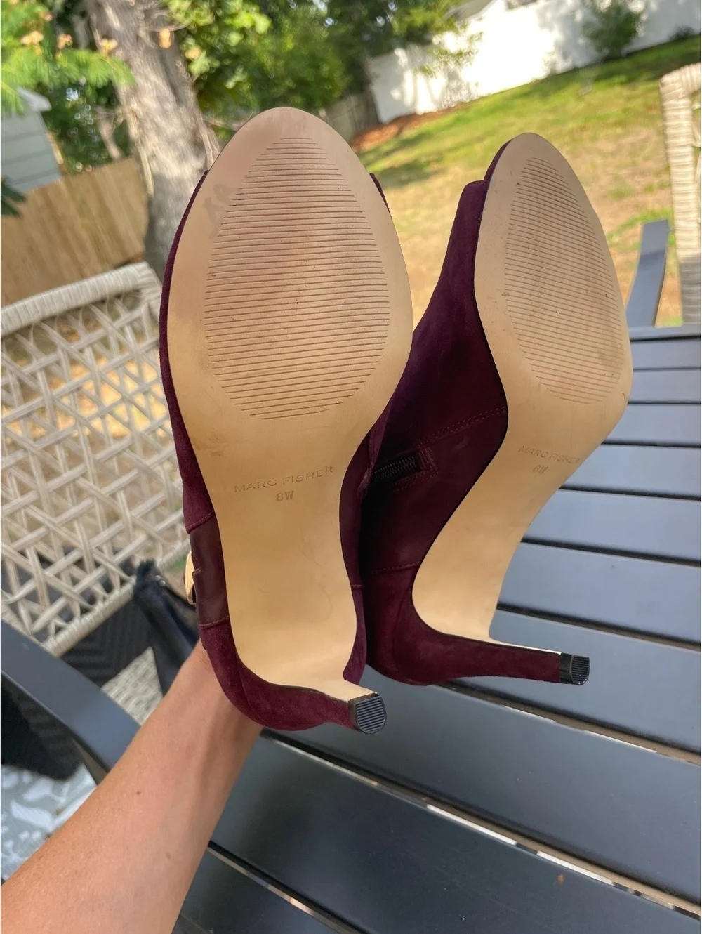 Marc Fisher Women's Burgundy Suede Peep Toe Ankle Boots with Buckle and Stiletto